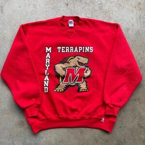 VTG 90s Maryland Terrapins Crewneck Sweatshirt Red Cotton Blend V-Stitch Size XL